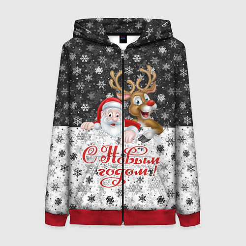 Женская толстовка на молнии С Новым Годом дед мороз и олень / 3D-Красный – фото 1