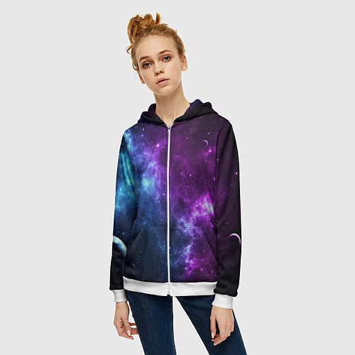 Женская толстовка на молнии NEON GALAXY НЕОНОВЫЙ КОСМОС / 3D-Белый – фото 3