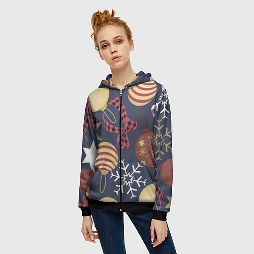 Женская толстовка на молнии Елочные Игрушки Звезды / 3D-Черный – фото 3