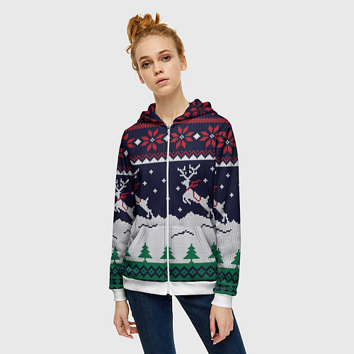 Женская толстовка на молнии СВИТЕР С ОЛЕНЯМИ DEER SWEATER / 3D-Белый – фото 3