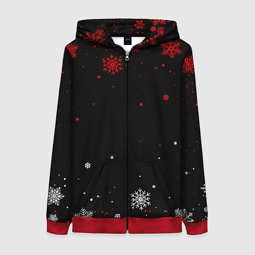 Женская толстовка на молнии КРАСНО БЕЛЫЕ СНЕЖИНКИ НА ЧЁРНОМ ФОНЕ / 3D-Красный – фото 1