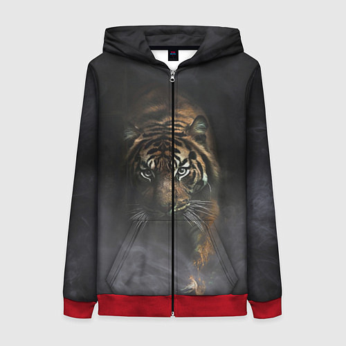 Женская толстовка на молнии Тигр в тумане / 3D-Красный – фото 1