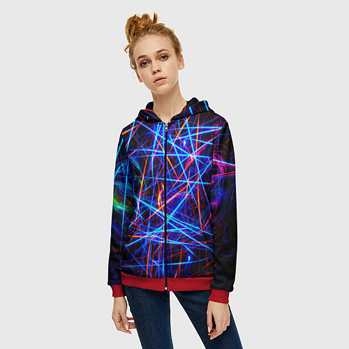 Женская толстовка на молнии NEON LINES Glowing Lines Effect / 3D-Красный – фото 3