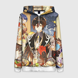 Толстовка на молнии женская НОВЫЙ ГОД В ГЕНШИН ИМПАКТ, ЗАСТОЛЬЕ, цвет: 3D-белый