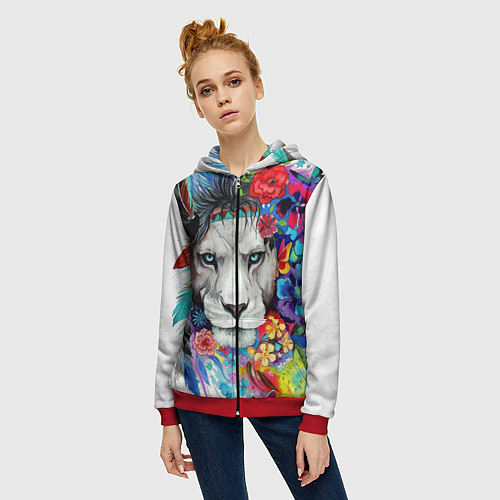 Женская толстовка на молнии Лев - сильный взгляд / 3D-Красный – фото 3