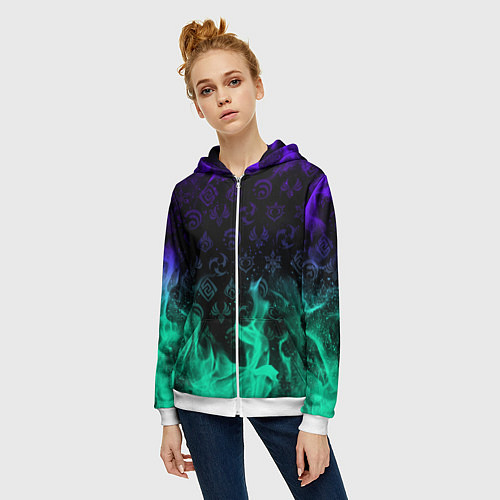 Женская толстовка на молнии НЕОНОВЫЙ ОГОНЬ ГЕНШИН ИМПАКТ СИМВОЛЫ / 3D-Белый – фото 3