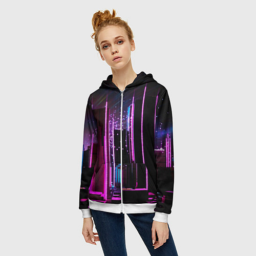 Женская толстовка на молнии Ночной город в киберпанке / 3D-Белый – фото 3