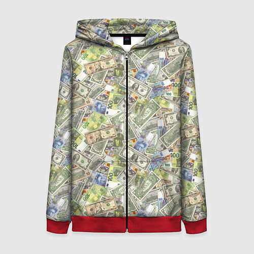 Женская толстовка на молнии Разная Денежная Валюта Доллары, Евро, Франки / 3D-Красный – фото 1