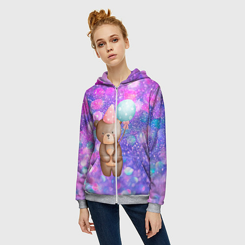 Женская толстовка на молнии День Рождения - Медвежонок с шариками / 3D-Меланж – фото 3