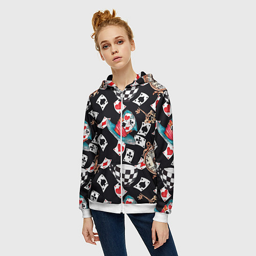 Женская толстовка на молнии Алиса в стране чудес - карты / 3D-Белый – фото 3