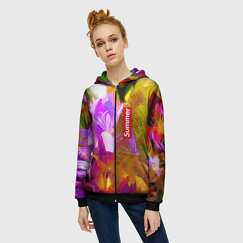 Женская толстовка на молнии Красочный цветочный узор Лето Colorful Floral Patt / 3D-Черный – фото 3