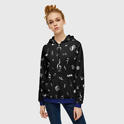Толстовка на молнии женская Нотные Знаки Белые на Черном, цвет: 3D-синий — фото 2