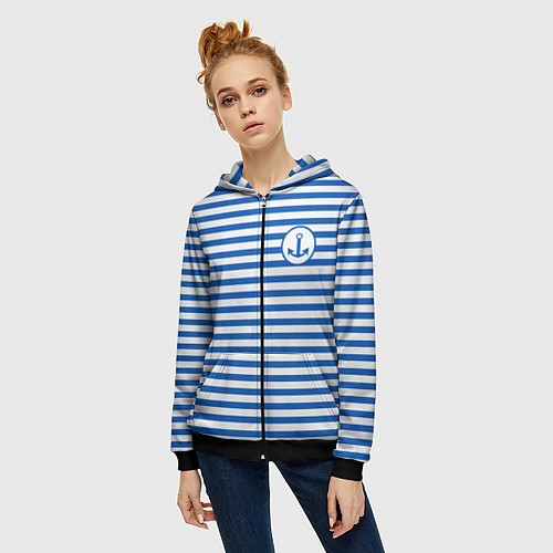 Женская толстовка на молнии Морская тельняшка - бело-синие полосы и якорь / 3D-Черный – фото 3