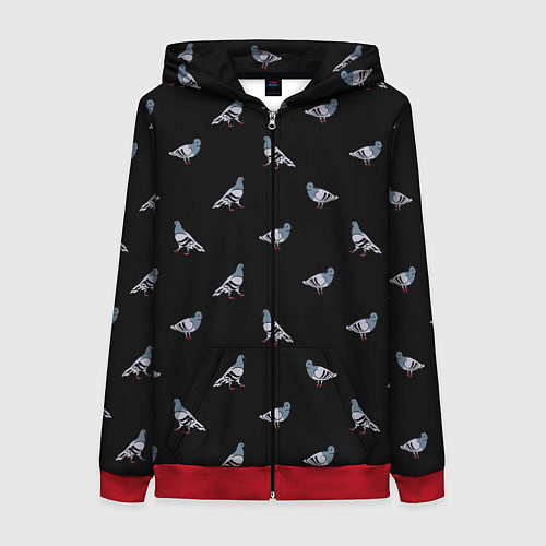 Женская толстовка на молнии Голуби на черном паттерн / 3D-Красный – фото 1