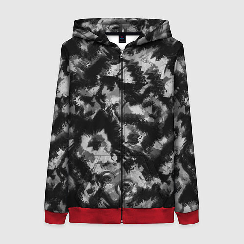 Женская толстовка на молнии Черно-белый абстрактный камуфляж / 3D-Красный – фото 1