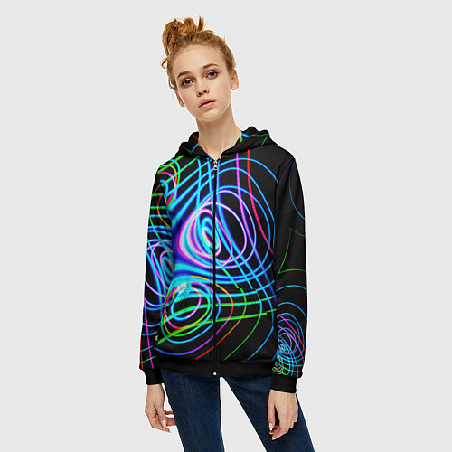 Женская толстовка на молнии Неоновое множество линий - Голубой / 3D-Черный – фото 3