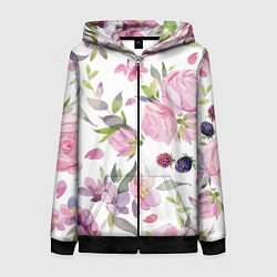 Толстовка на молнии женская Летний красочный паттерн из цветков розы и ягод еж, цвет: 3D-черный