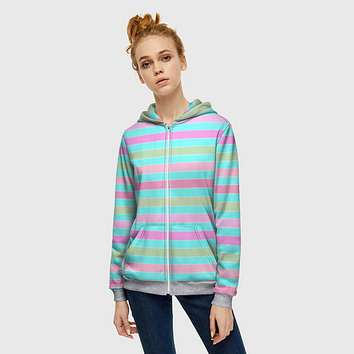 Женская толстовка на молнии Pink turquoise stripes horizontal Полосатый узор / 3D-Меланж – фото 3