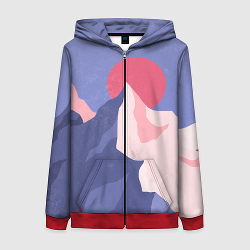 Женская толстовка на молнии Пейзаж гор и леса в стиле ретро / 3D-Красный – фото 1