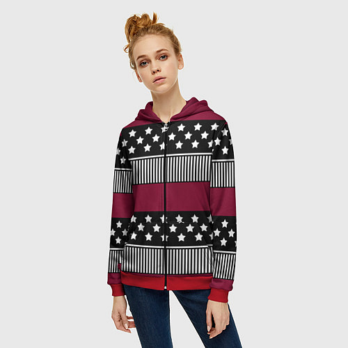 Женская толстовка на молнии Burgundy black striped pattern / 3D-Красный – фото 3