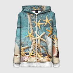 Толстовка на молнии женская Натюрморт из сети, морских звёзд и ракушек - лето, цвет: 3D-белый