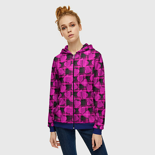 Женская толстовка на молнии Black and pink hearts pattern on checkered / 3D-Синий – фото 3