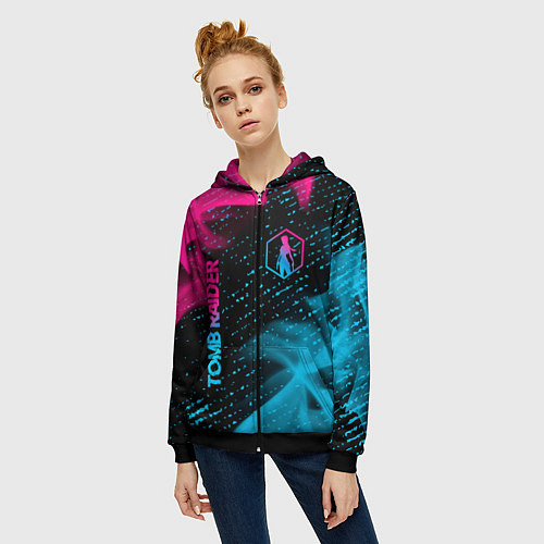 Женская толстовка на молнии Tomb Raider - neon gradient: надпись, символ / 3D-Черный – фото 3