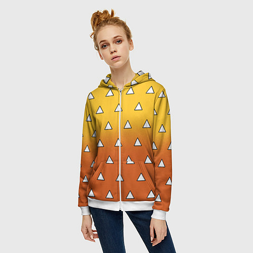 Женская толстовка на молнии Оранжевое кимоно с треугольниками - Зеницу клинок / 3D-Белый – фото 3
