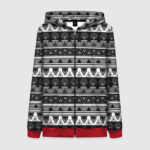 Женская толстовка на молнии Черно-белый скандинавский орнамент / 3D-Красный – фото 1