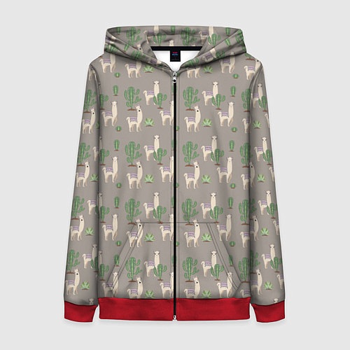 Женская толстовка на молнии Три забавных ламы среди кактусов / 3D-Красный – фото 1