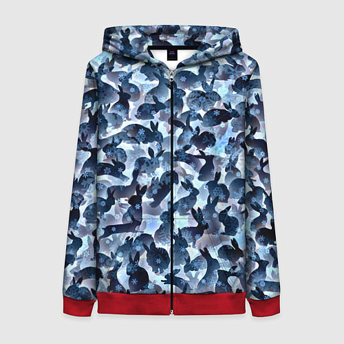 Женская толстовка на молнии Новогдние кролики / 3D-Красный – фото 1