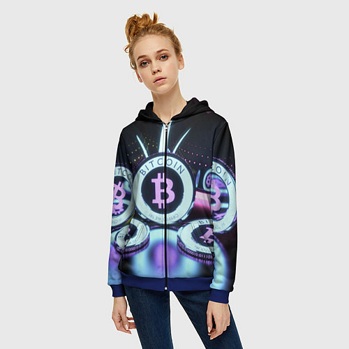 Женская толстовка на молнии Неоновый светящийся биткоин / 3D-Синий – фото 3