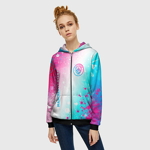 Женская толстовка на молнии Manchester City neon gradient style: надпись, симв / 3D-Черный – фото 3