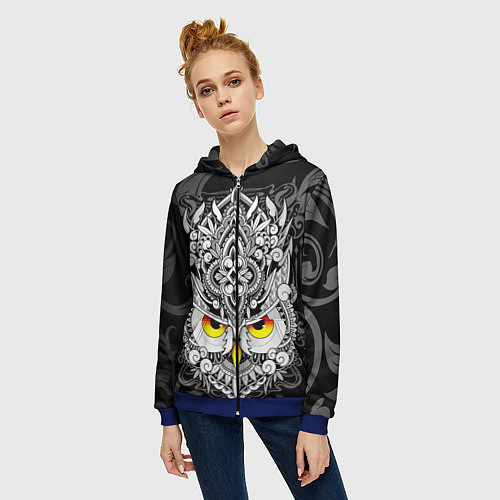 Женская толстовка на молнии Сова с золотыми глазами / 3D-Синий – фото 3