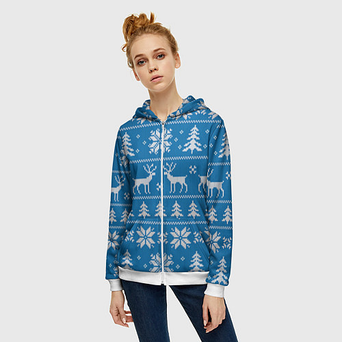 Женская толстовка на молнии Рождественский синий свитер с оленями / 3D-Белый – фото 3