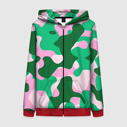 Женская толстовка на молнии Абстрактные зелёно-розовые пятна / 3D-Красный – фото 1