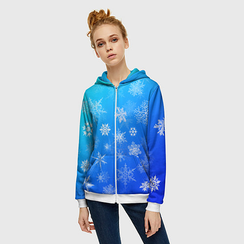 Женская толстовка на молнии Снежинки в небе / 3D-Белый – фото 3