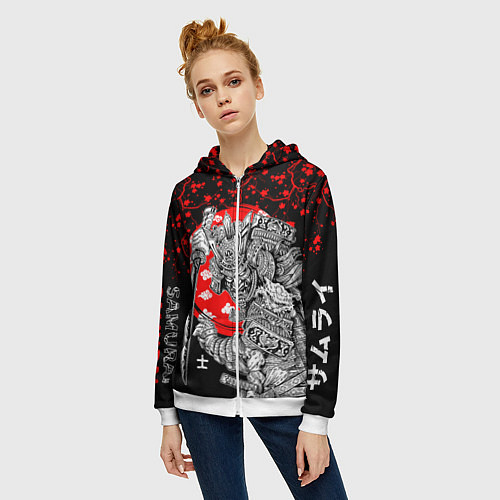 Женская толстовка на молнии Самурай и сакура на черном фоне / 3D-Белый – фото 3