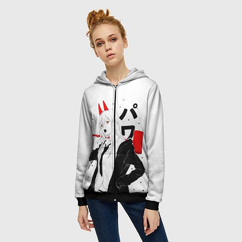 Женская толстовка на молнии Пауэр на белом фоне / 3D-Черный – фото 3