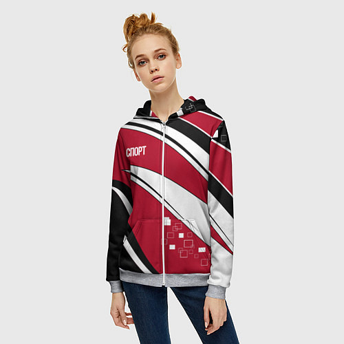 Женская толстовка на молнии Красно черная абстракция на белом спорт / 3D-Меланж – фото 3
