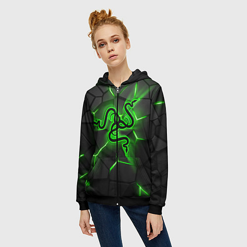 Женская толстовка на молнии Razer neon logo / 3D-Черный – фото 3