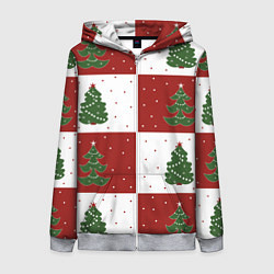 Толстовка на молнии женская Красно-белые квадраты с новогодними елочками, цвет: 3D-меланж