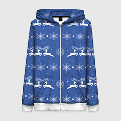 Толстовка на молнии женская Белые олени со снежинками на синем фоне, цвет: 3D-белый