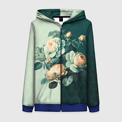 Толстовка на молнии женская Розы на зеленом фоне, цвет: 3D-синий