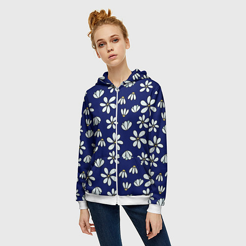 Женская толстовка на молнии Дудл ромашки на синем фоне - паттерн / 3D-Белый – фото 3