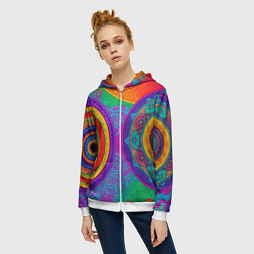 Женская толстовка на молнии Красочные этнические орнаменты / 3D-Белый – фото 3