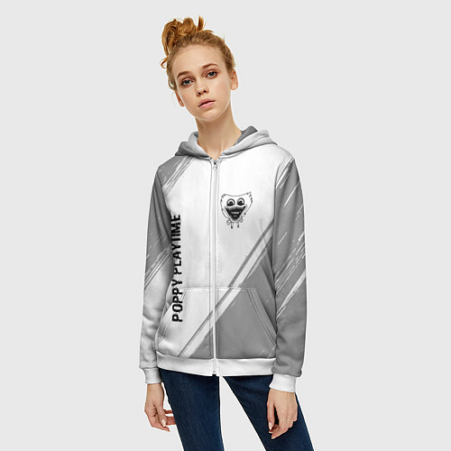 Женская толстовка на молнии Poppy Playtime glitch на светлом фоне: надпись, си / 3D-Белый – фото 3