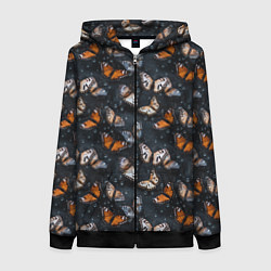 Толстовка на молнии женская Бабочки и капли - паттерн, цвет: 3D-черный