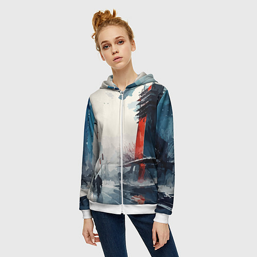 Женская толстовка на молнии Наш город - коллекция Бело-сине-красный - Хуф и Ся / 3D-Белый – фото 3