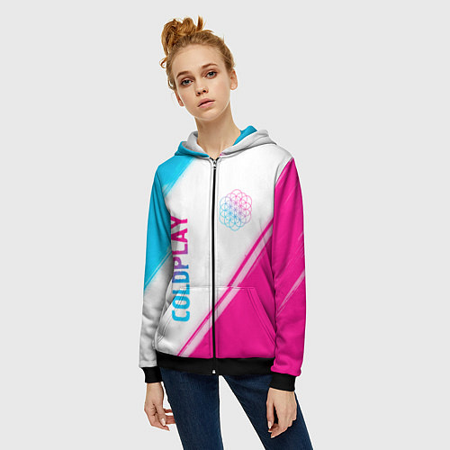 Женская толстовка на молнии Coldplay neon gradient style: надпись, символ / 3D-Черный – фото 3